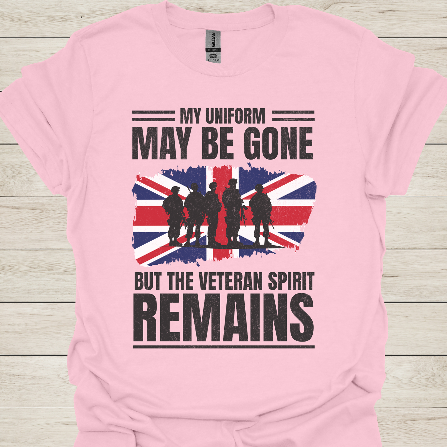 Veteran T-Shirt — "My Uniform May Be Gone But The Veteran Spirit Remains" with British Flag