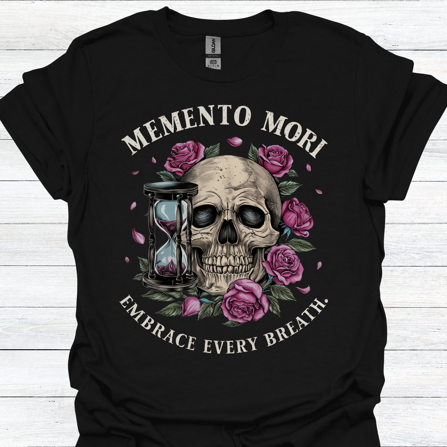 Stoicism-Inspired T-Shirt, Memento Mori, Embrace Every Breath, Unisex Tee with Vintage Skull, Roses, and Hourglass. Alternative: Graphic