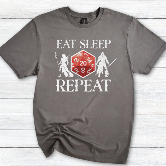 DnD Dice RPG Character T-Shirt, Funny Tee for TTRPG Fans, Eat Sleep DnD Repeat Shirt, Unisex Softstyle Top, Gamer Gift Idea, Dungeon Master