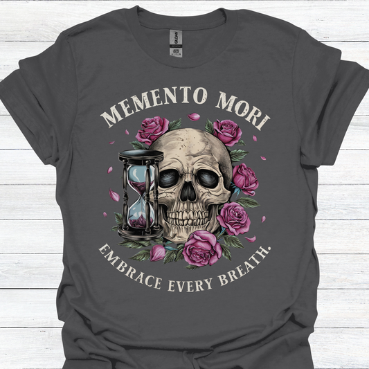 Stoicism-Inspired T-Shirt, Memento Mori, Embrace Every Breath, Unisex Tee with Vintage Skull, Roses, and Hourglass. Alternative: Graphic