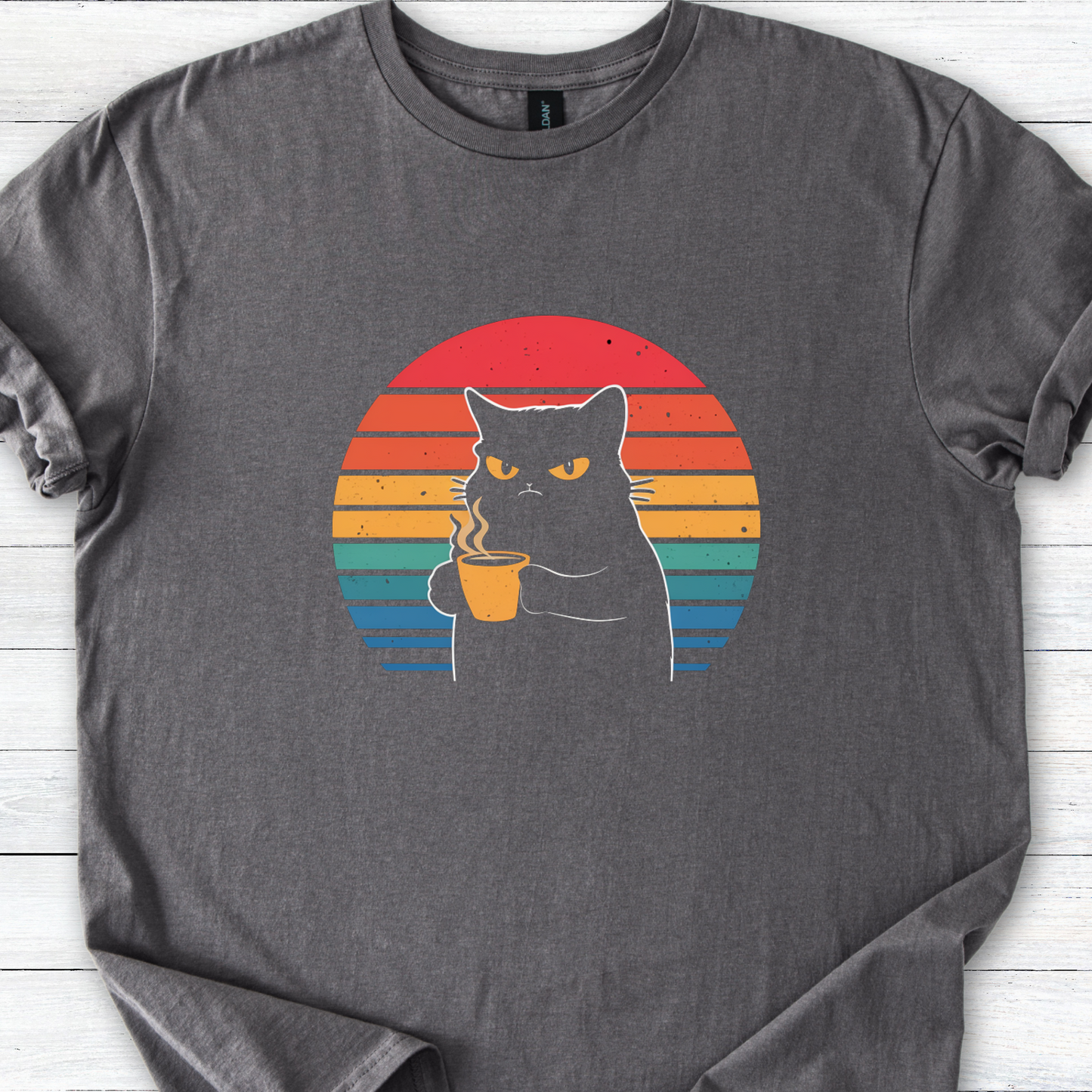 Grumpy Black Cat Coffee T-Shirt — Retro Sunset Vintage Cat Graphic