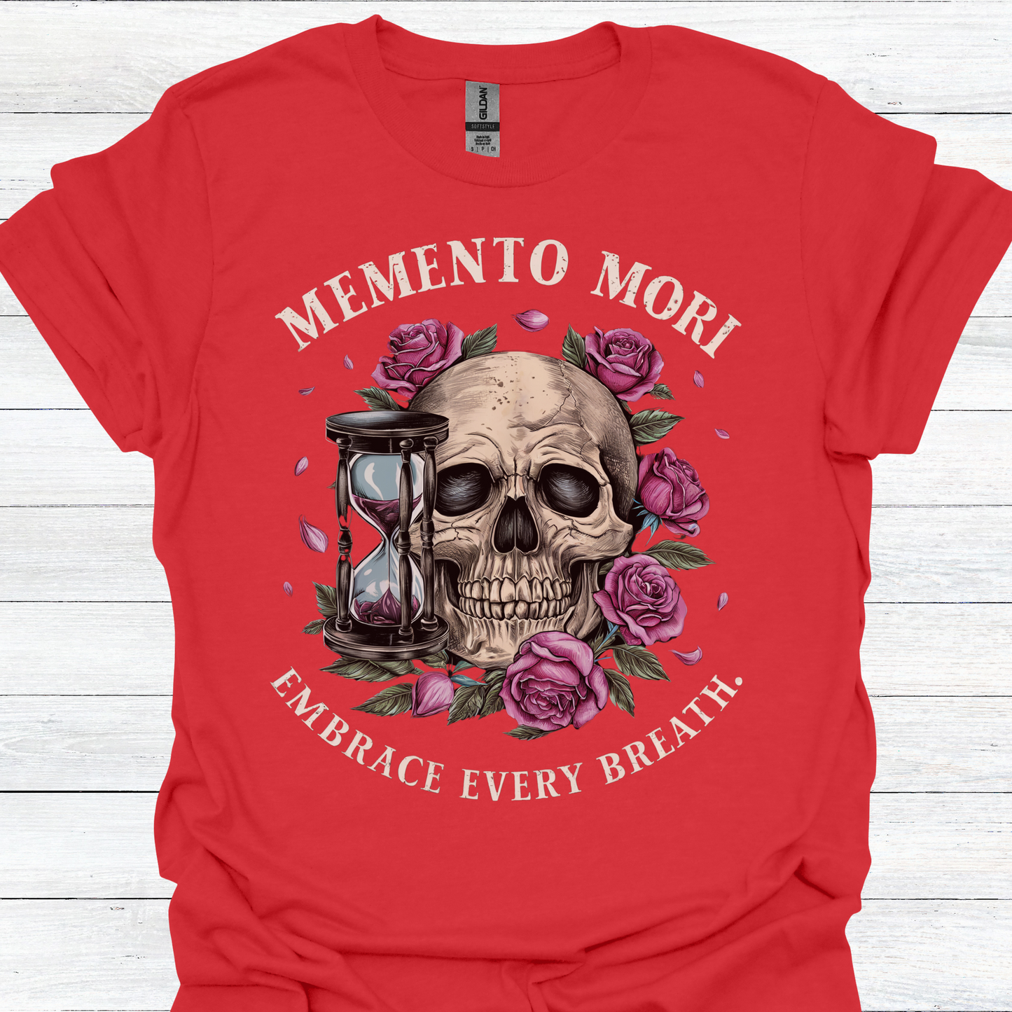 Stoicism-Inspired T-Shirt, Memento Mori, Embrace Every Breath, Unisex Tee with Vintage Skull, Roses, and Hourglass. Alternative: Graphic