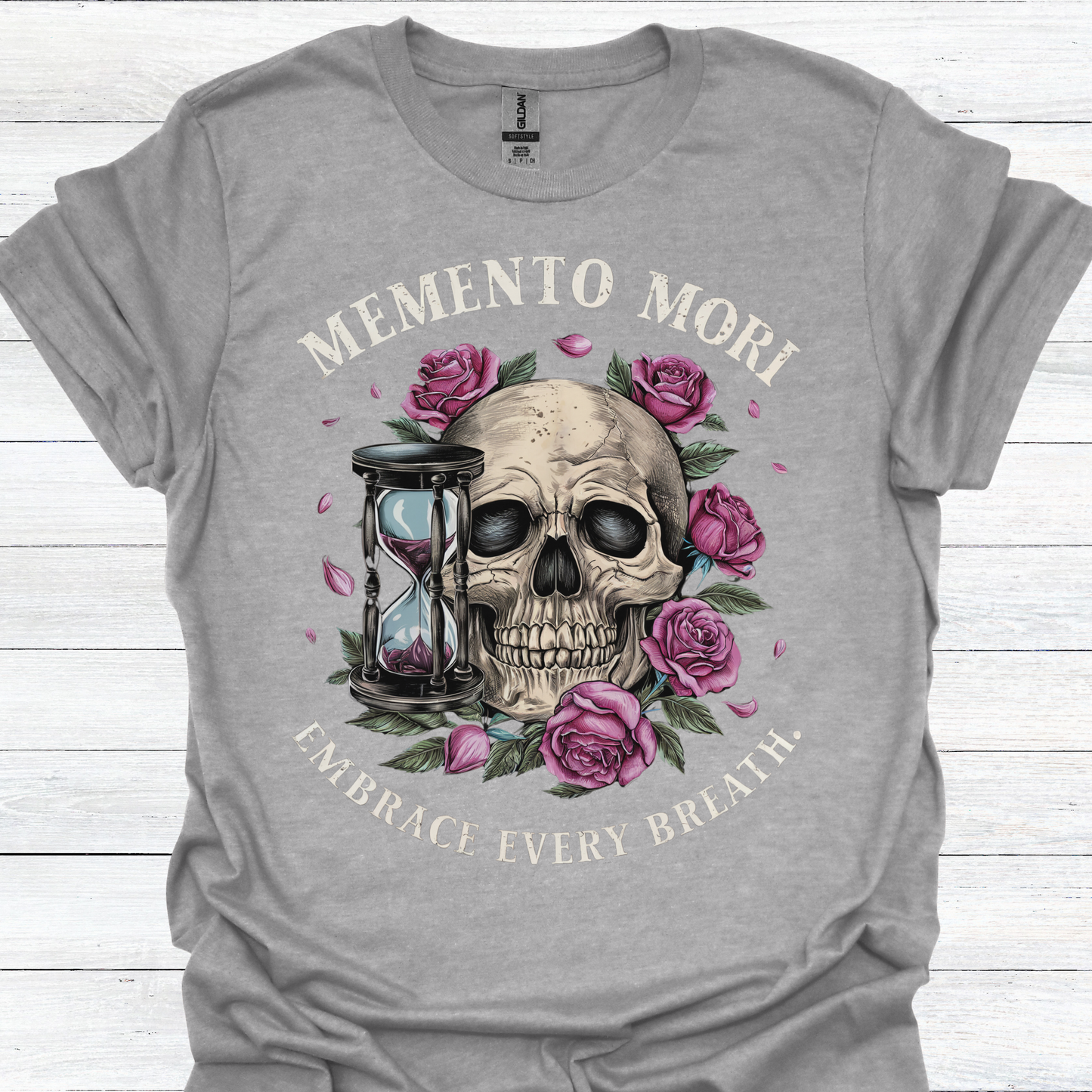 Stoicism-Inspired T-Shirt, Memento Mori, Embrace Every Breath, Unisex Tee with Vintage Skull, Roses, and Hourglass. Alternative: Graphic