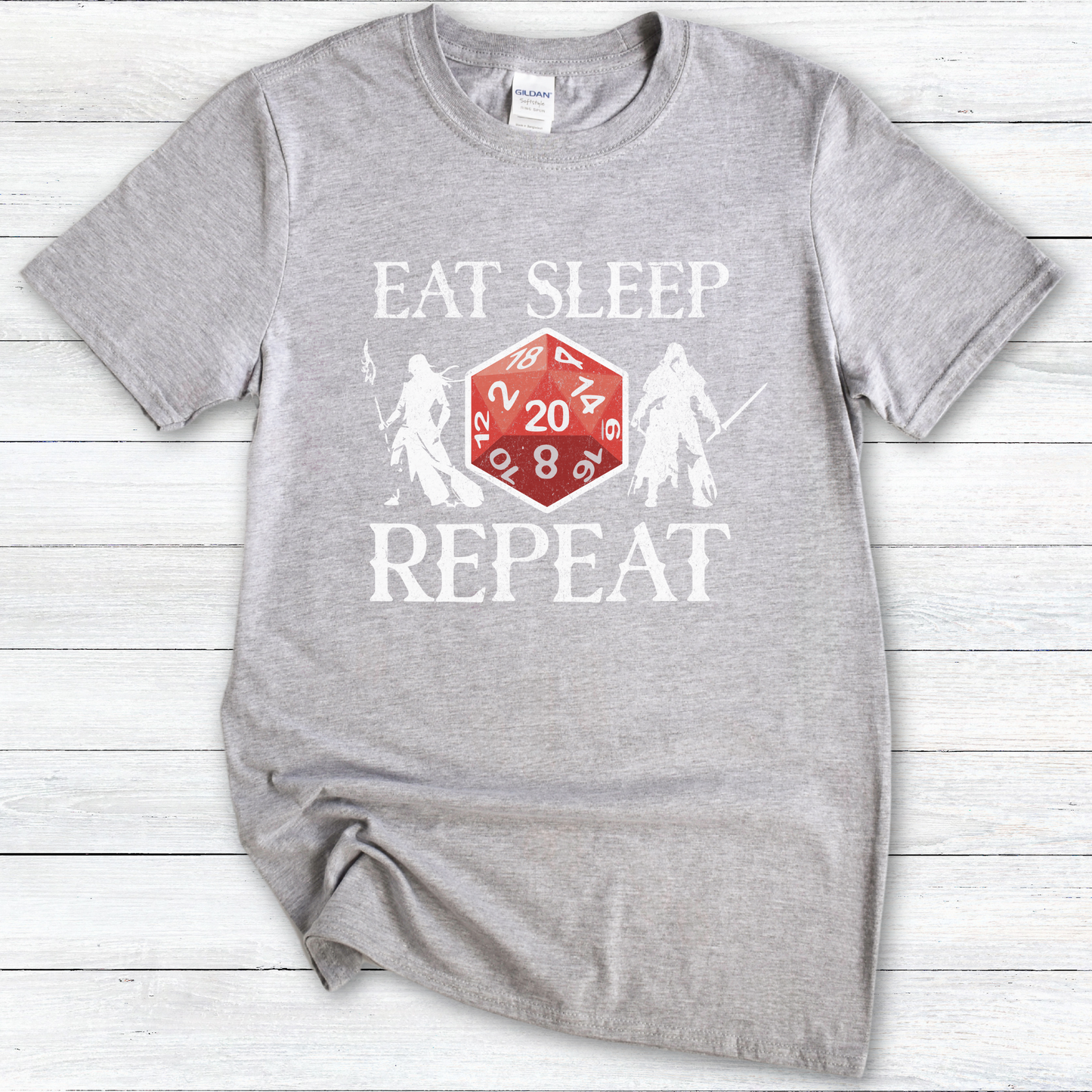 DnD Dice RPG Character T-Shirt, Funny Tee for TTRPG Fans, Eat Sleep DnD Repeat Shirt, Unisex Softstyle Top, Gamer Gift Idea, Dungeon Master
