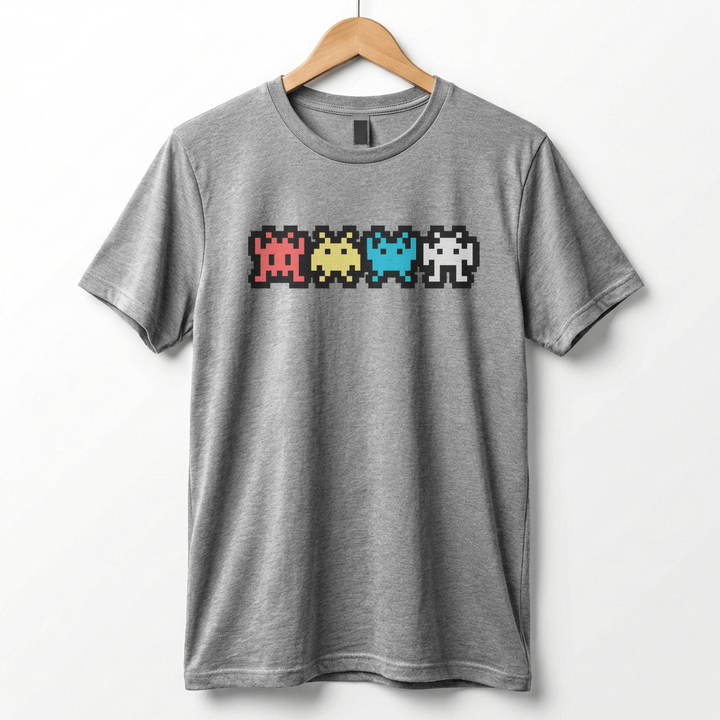 Retro 8-Bit Alien T-Shirt: Multi-Color Pixel Art Arcade Design
