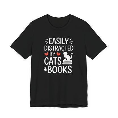 Easily Distracted by Cats & Books T-Shirt | Cat on Books Reader Tee