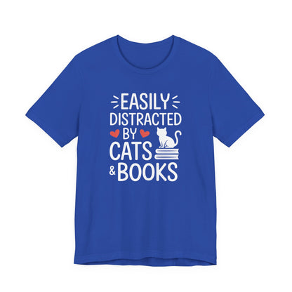 Easily Distracted by Cats & Books T-Shirt | Cat on Books Reader Tee