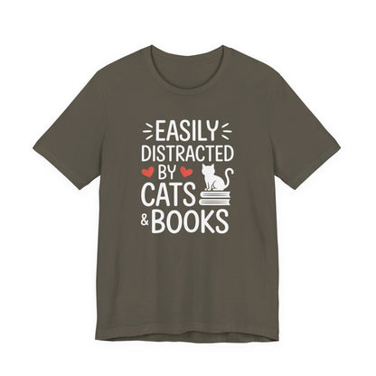 Easily Distracted by Cats & Books T-Shirt | Cat on Books Reader Tee
