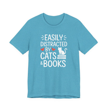 Easily Distracted by Cats & Books T-Shirt | Cat on Books Reader Tee