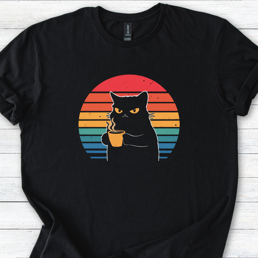 Grumpy Black Cat Coffee T-Shirt — Retro Sunset Vintage Cat Graphic