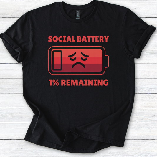 Funny Social Battery: 1% Remaining Unisex Softstyle T-Shirt, Introvert Humor Tee, Small Talk, Gift for Introverts, Extrovert Shirt