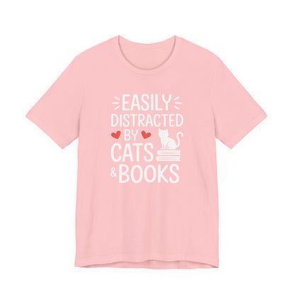 Easily Distracted by Cats & Books T-Shirt | Cat on Books Reader Tee