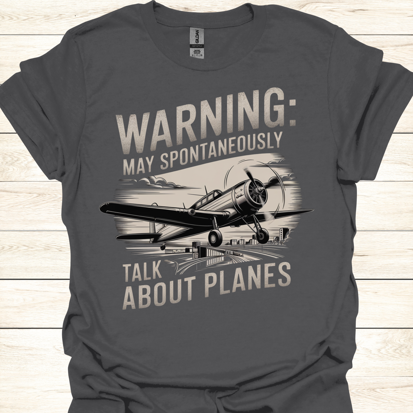 Funny Aviation T-Shirt — "Warning: May Spontaneously Talk About Planes"