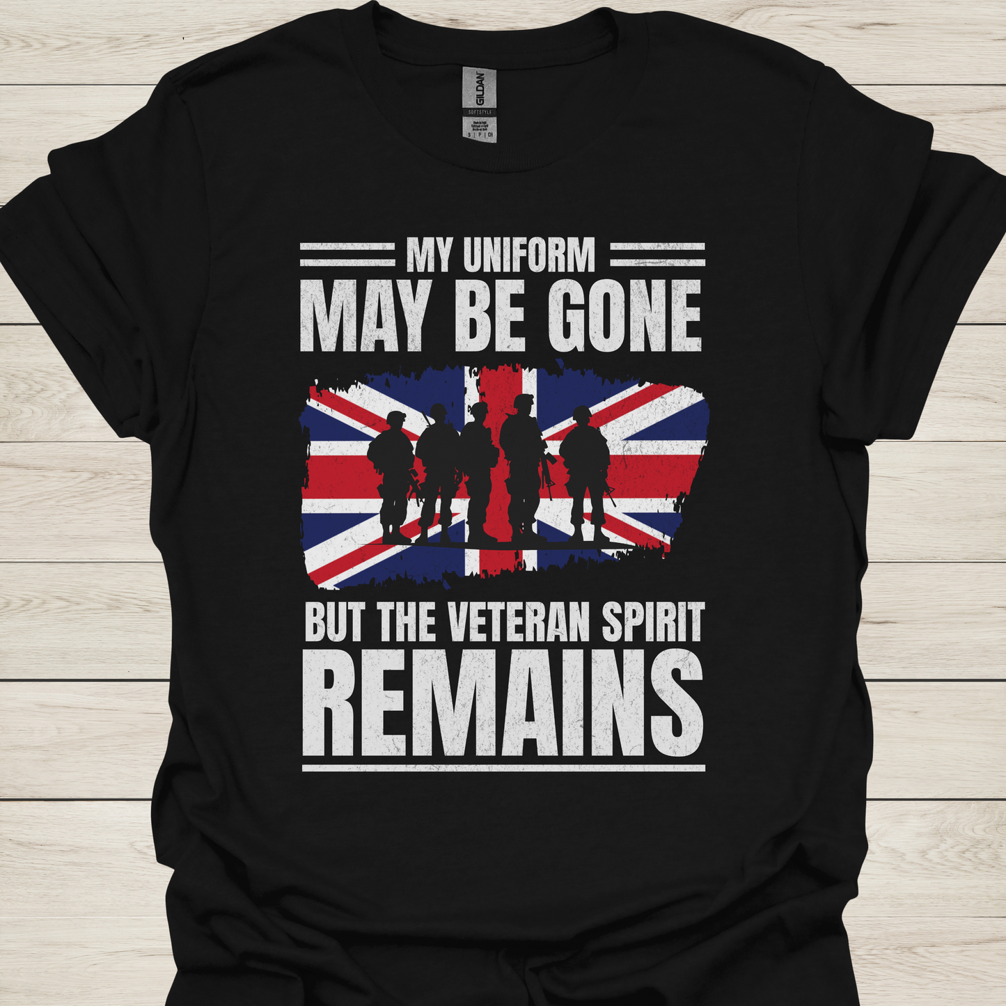 Veteran T-Shirt — "My Uniform May Be Gone But The Veteran Spirit Remains" with British Flag