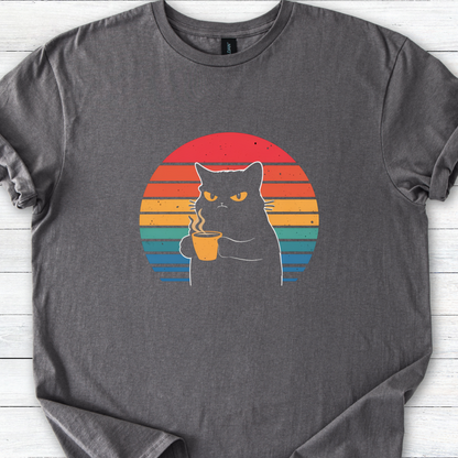 Grumpy Black Cat Coffee T-Shirt — Retro Sunset Vintage Cat Graphic