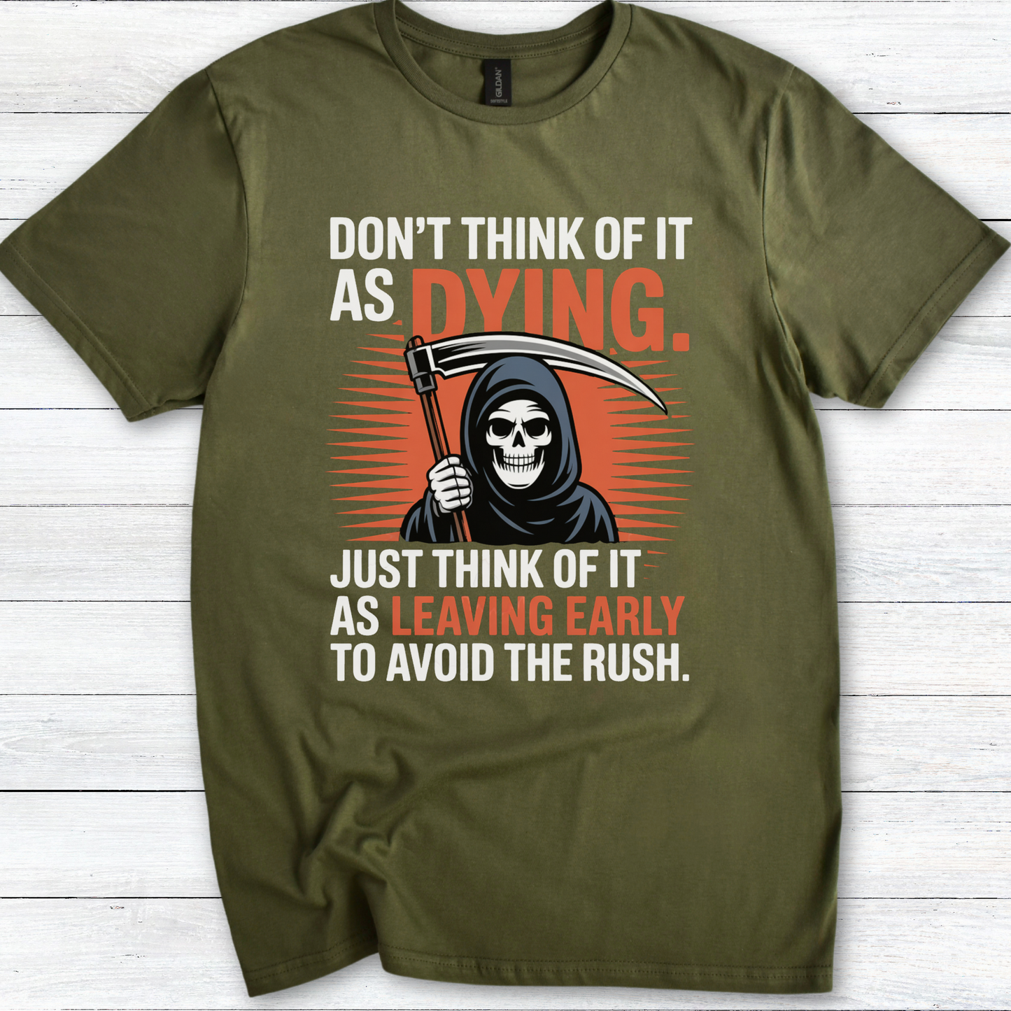 Terry Pratchett Quote T-Shirt, "Don't Think of It as Dying" Grim Reaper Humor Tee, Novelty Graphic