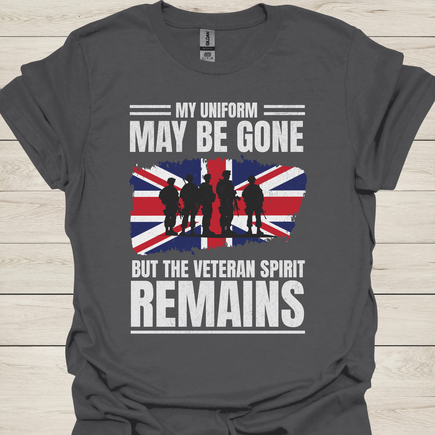 Veteran T-Shirt — "My Uniform May Be Gone But The Veteran Spirit Remains" with British Flag