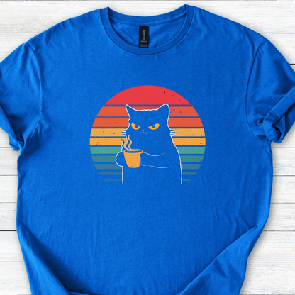 Grumpy Black Cat Coffee T-Shirt — Retro Sunset Vintage Cat Graphic
