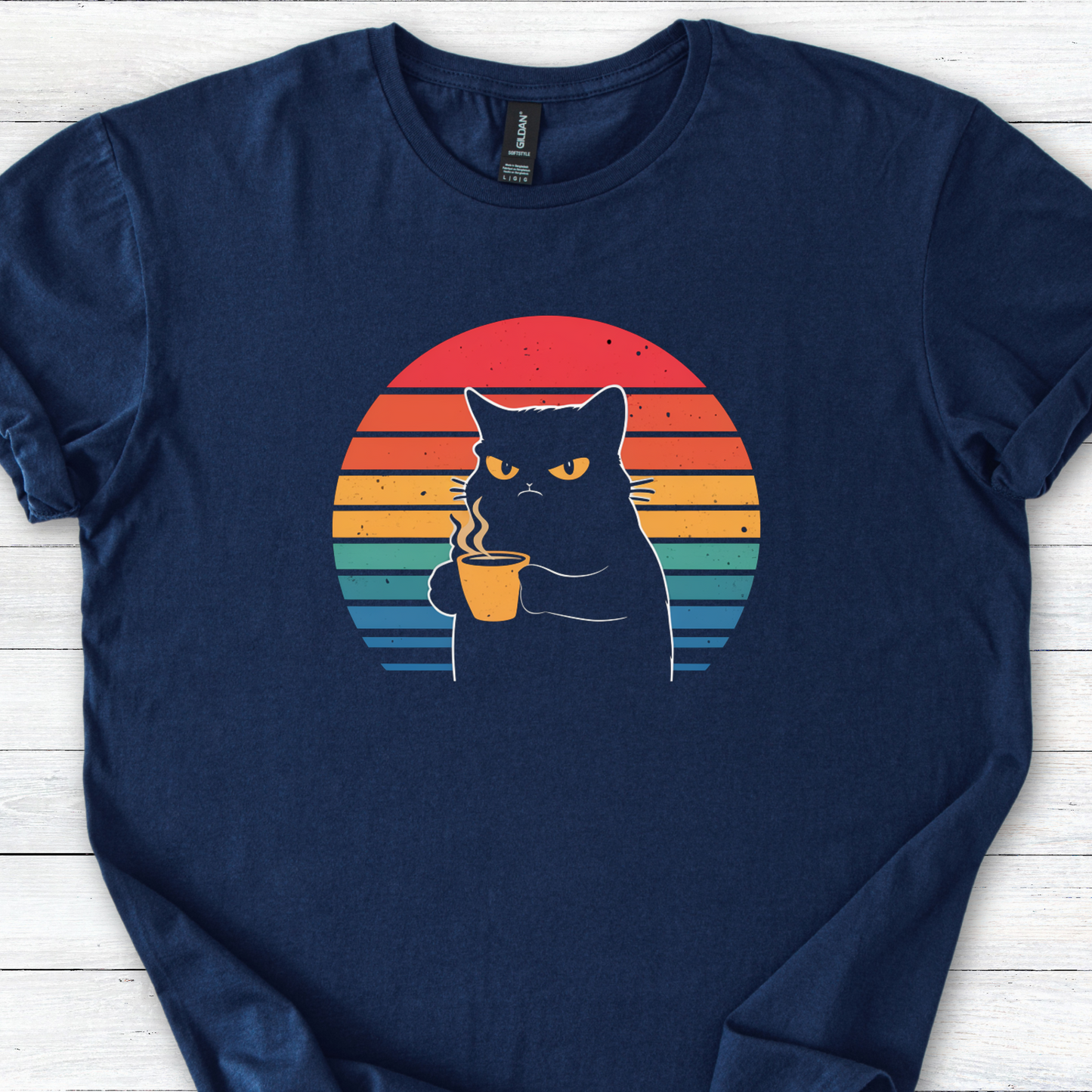 Grumpy Black Cat Coffee T-Shirt — Retro Sunset Vintage Cat Graphic