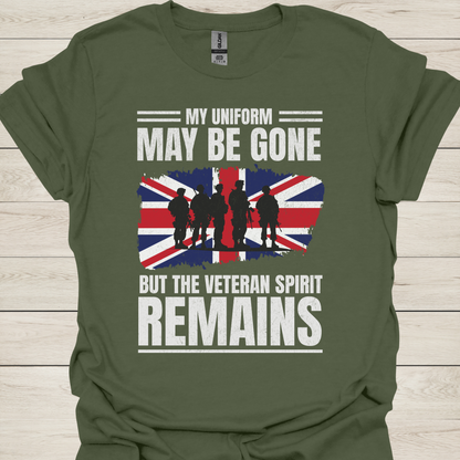 Veteran T-Shirt — "My Uniform May Be Gone But The Veteran Spirit Remains" with British Flag