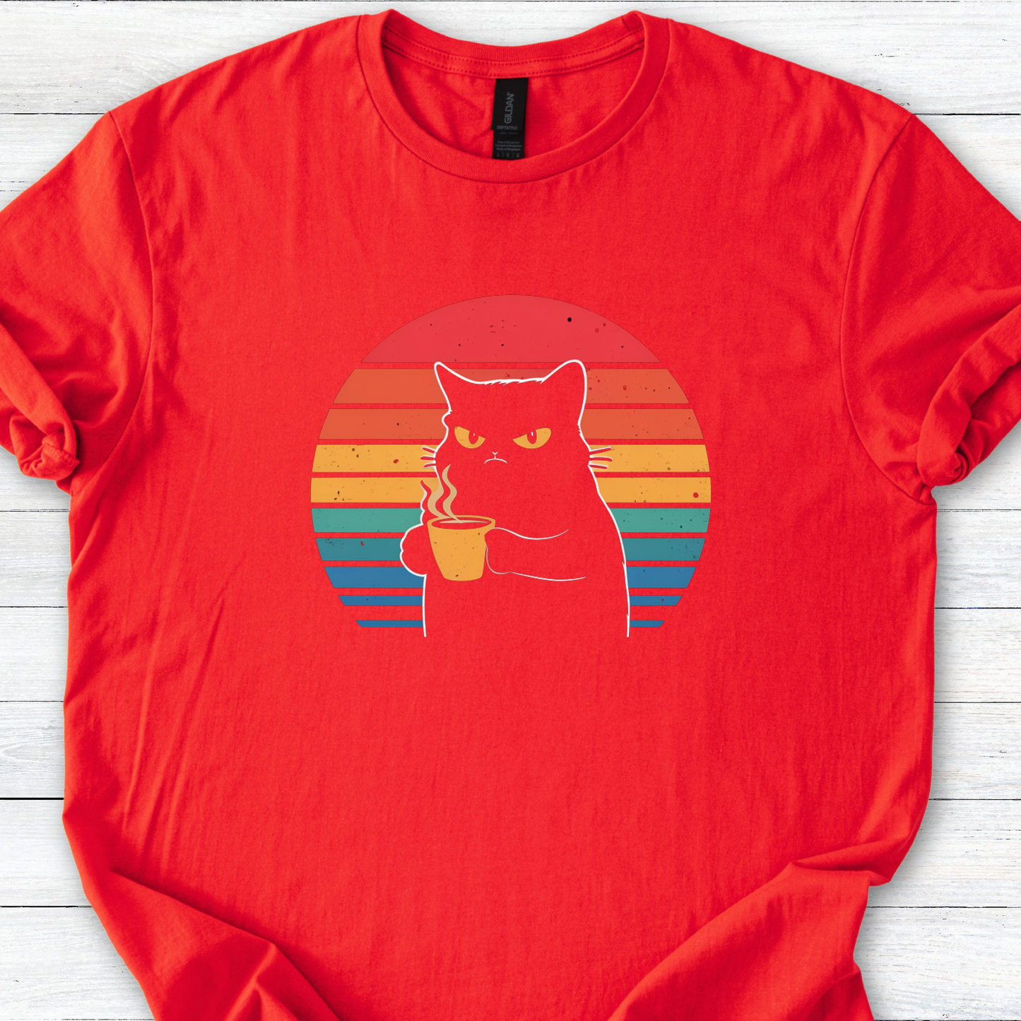 Grumpy Black Cat Coffee T-Shirt — Retro Sunset Vintage Cat Graphic