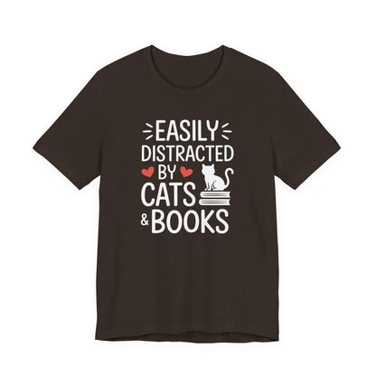 Easily Distracted by Cats & Books T-Shirt | Cat on Books Reader Tee