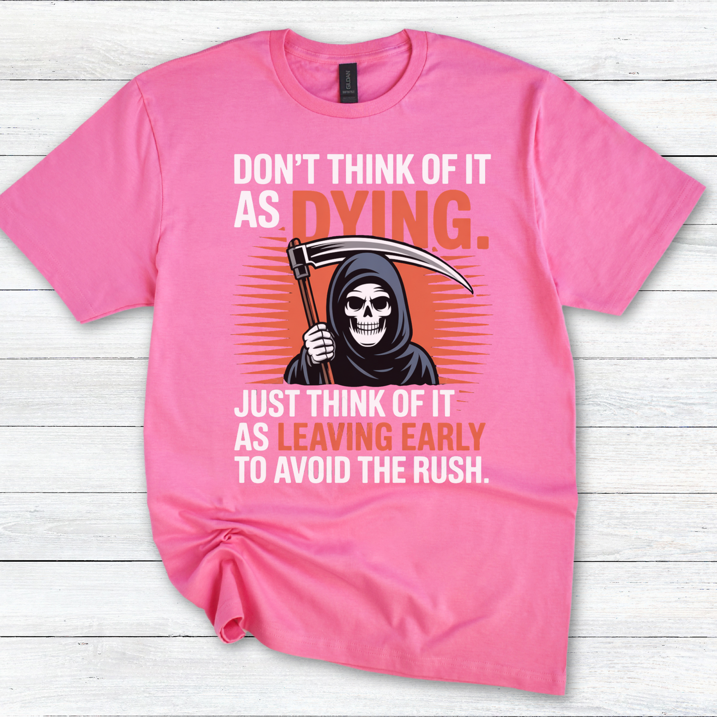 Terry Pratchett Quote T-Shirt, "Don't Think of It as Dying" Grim Reaper Humor Tee, Novelty Graphic