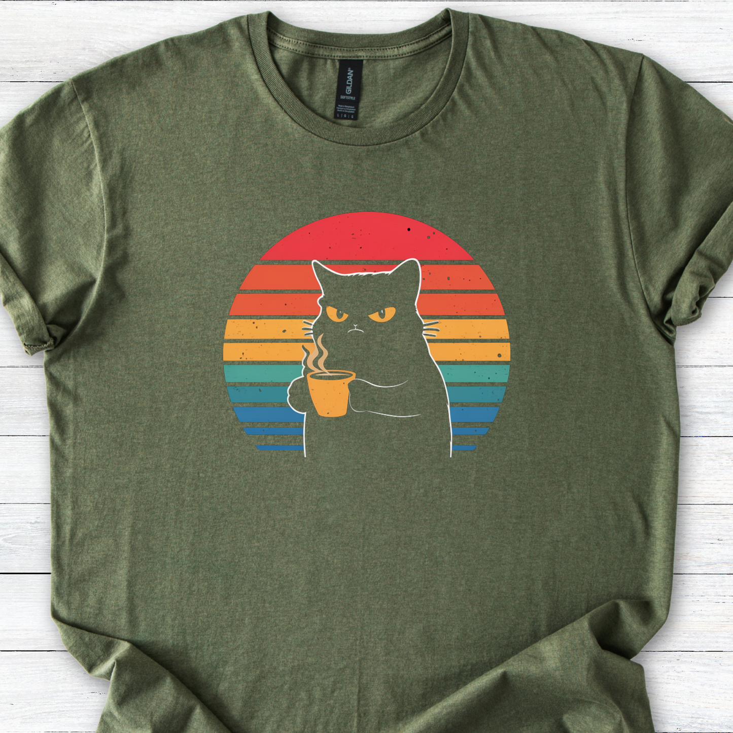 Grumpy Black Cat Coffee T-Shirt — Retro Sunset Vintage Cat Graphic