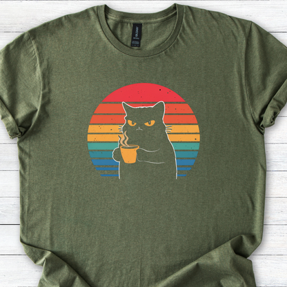 Grumpy Black Cat Coffee T-Shirt — Retro Sunset Vintage Cat Graphic