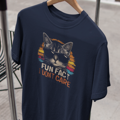 Fun Fact Cat Shirt, Humorous Shirt, Cool Cat I Don't Care T-Shirt, Funny Gift, Black & Navy Unisex Tee