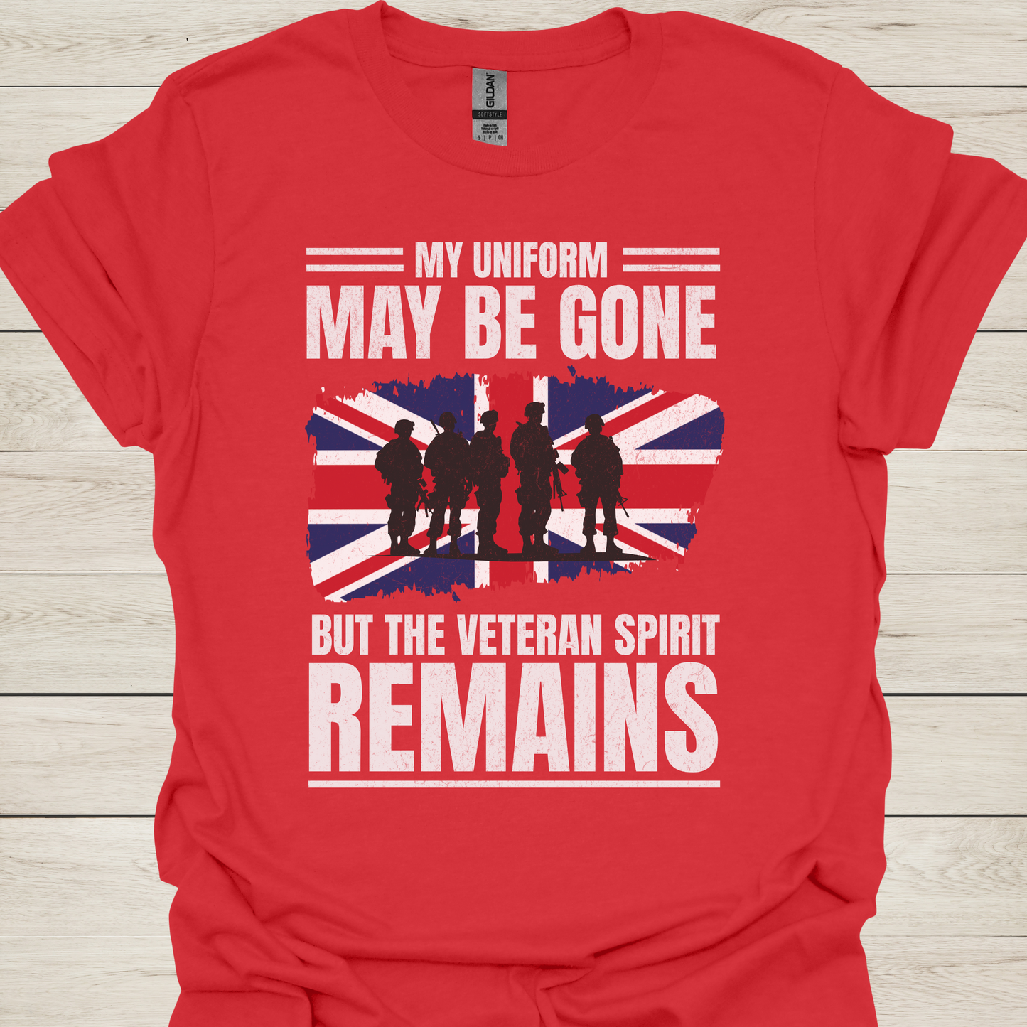 Veteran T-Shirt — "My Uniform May Be Gone But The Veteran Spirit Remains" with British Flag