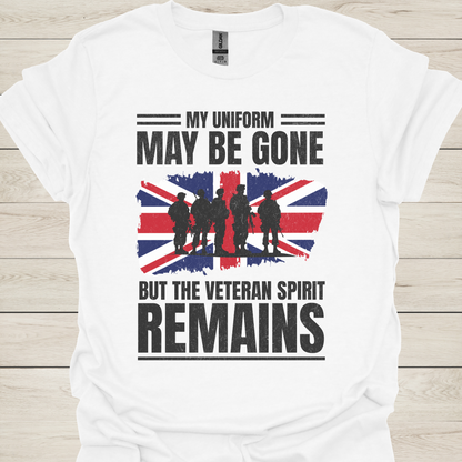 Veteran T-Shirt — "My Uniform May Be Gone But The Veteran Spirit Remains" with British Flag