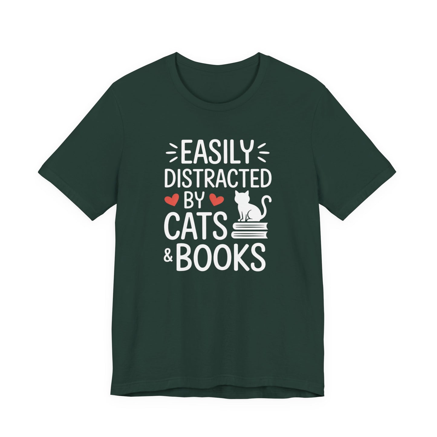 Easily Distracted by Cats & Books T-Shirt | Cat on Books Reader Tee