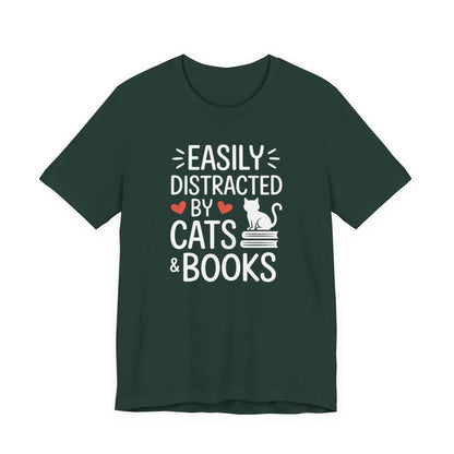 Easily Distracted by Cats & Books T-Shirt | Cat on Books Reader Tee