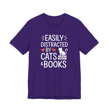Easily Distracted by Cats & Books T-Shirt | Cat on Books Reader Tee
