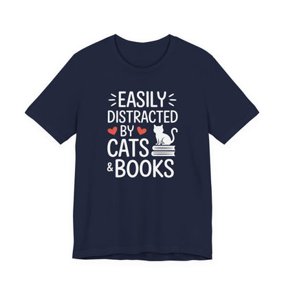 Easily Distracted by Cats & Books T-Shirt | Cat on Books Reader Tee