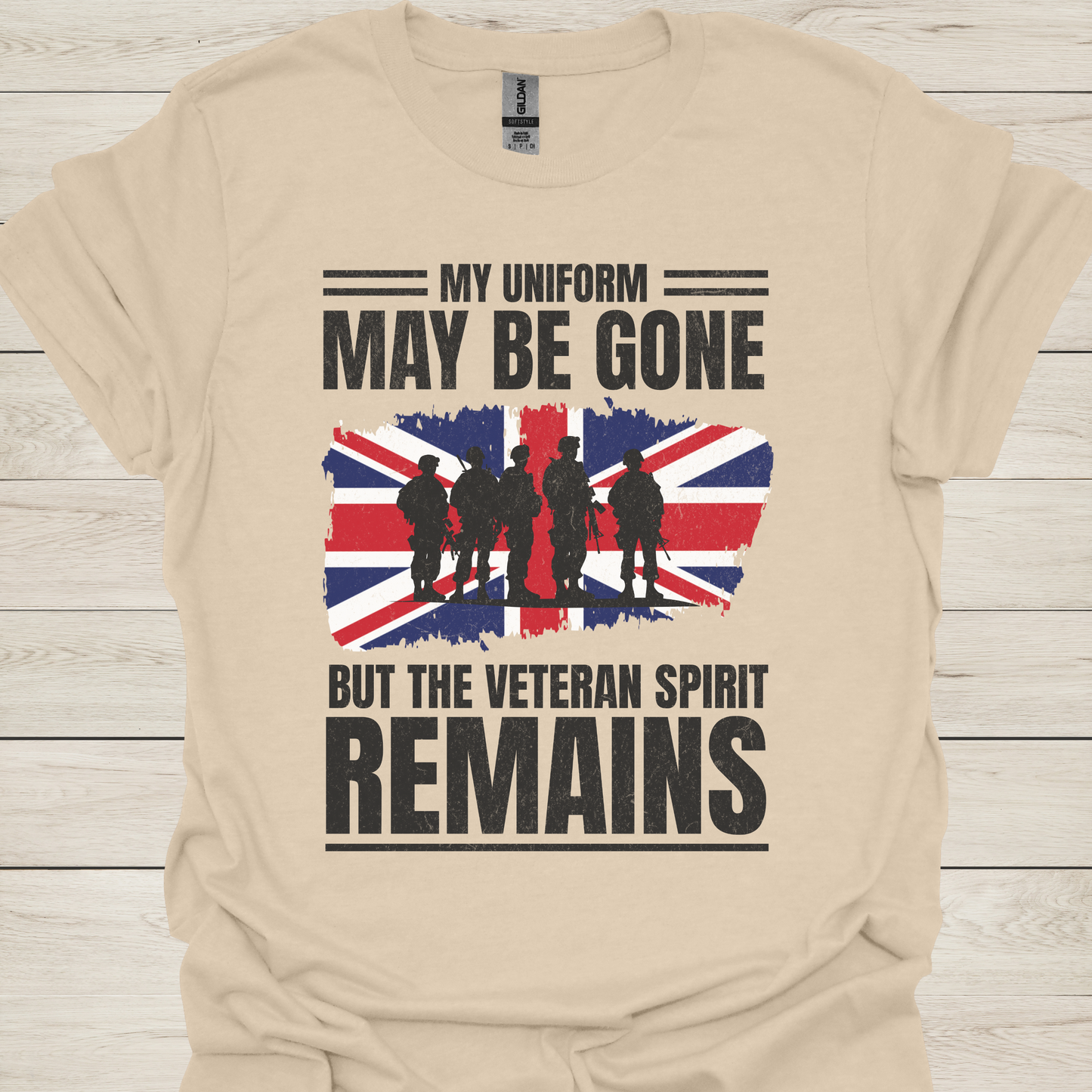 Veteran T-Shirt — "My Uniform May Be Gone But The Veteran Spirit Remains" with British Flag