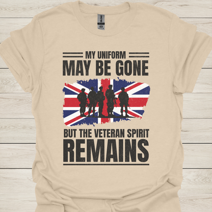 Veteran T-Shirt — "My Uniform May Be Gone But The Veteran Spirit Remains" with British Flag