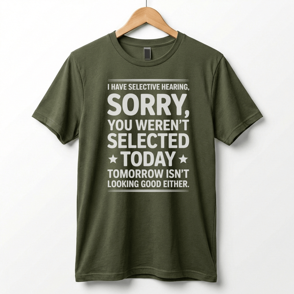 Selective Hearing Sorry You Weren't Selected Today T-Shirt | Funny Text Tee