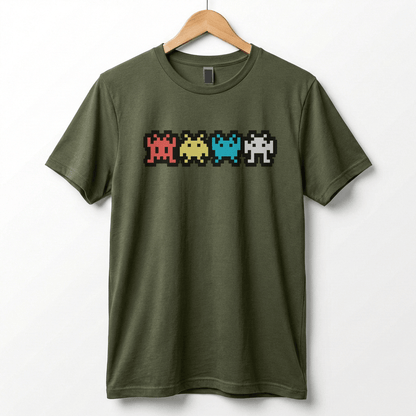 Retro 8-Bit Alien T-Shirt: Multi-Color Pixel Art Arcade Design