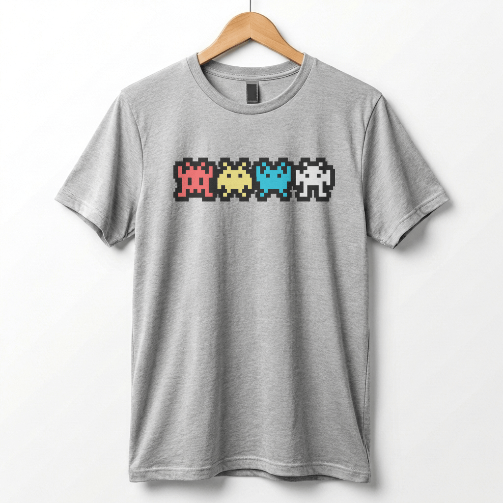 Retro 8-Bit Alien T-Shirt: Multi-Color Pixel Art Arcade Design