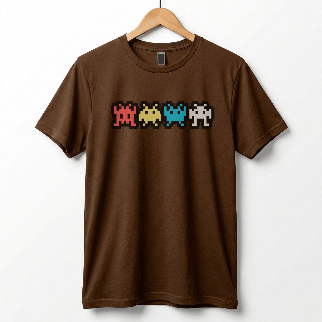 Retro 8-Bit Alien T-Shirt: Multi-Color Pixel Art Arcade Design