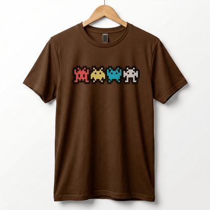 Retro 8-Bit Alien T-Shirt: Multi-Color Pixel Art Arcade Design
