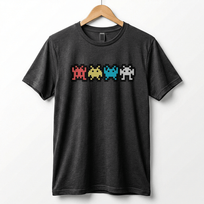Retro 8-Bit Alien T-Shirt: Multi-Color Pixel Art Arcade Design