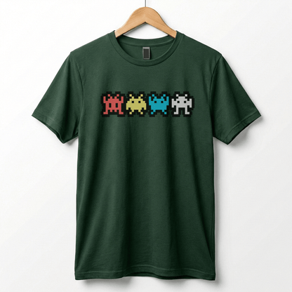 Retro 8-Bit Alien T-Shirt: Multi-Color Pixel Art Arcade Design