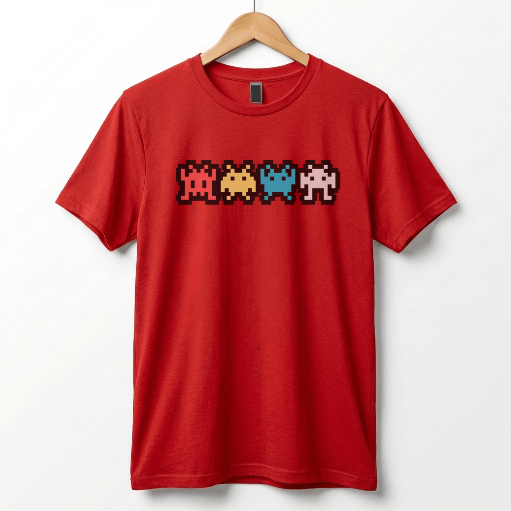 Retro 8-Bit Alien T-Shirt: Multi-Color Pixel Art Arcade Design