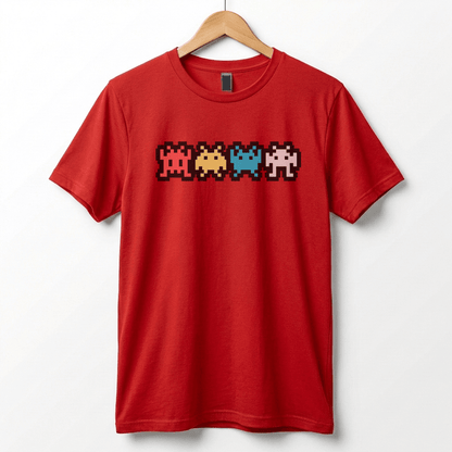 Retro 8-Bit Alien T-Shirt: Multi-Color Pixel Art Arcade Design