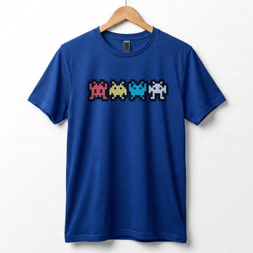 Retro 8-Bit Alien T-Shirt: Multi-Color Pixel Art Arcade Design