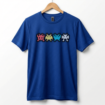 Retro 8-Bit Alien T-Shirt: Multi-Color Pixel Art Arcade Design