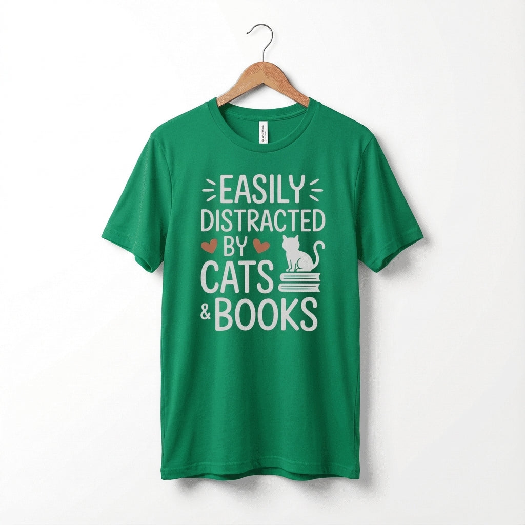 Easily Distracted by Cats & Books T-Shirt | Cat on Books Reader Tee